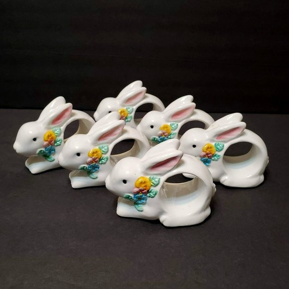 Dining Vintage Ceramic Rabbit Napkin Rings 6 Pc Animal Napkin Holders